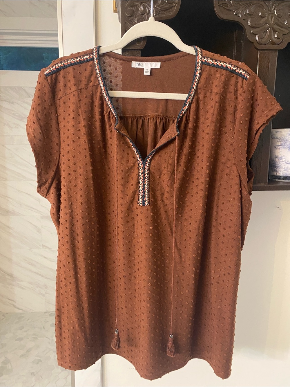 DR2 Burnt Rust Textured Peasant Top with Braided Trim